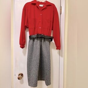 Vintage 60s 70s dress Red top w/ pockets Gray Tweed skirt & Belt Size Medium pet